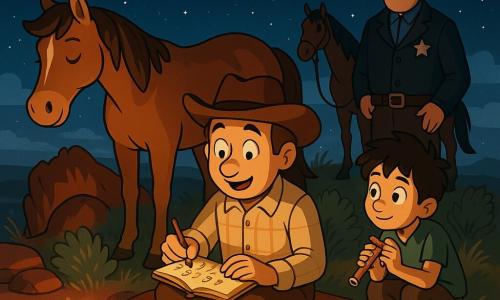 Bărbat adult, Matei, chip rotund și zâmbitor, ochi căprui strălucitori, poartă o cămașă din flanelă bej, pălărie de cowboy brună și cizme prăfuite, stă pe o pătură mică scriind cifre într-un caiet gălbui pe genunchi; iapa Scânteie, părul castaniu lucios și coama ondulată, stă lângă el la stânga, calmă și mirosind iarba; un băiat păstor de aproximativ 10 ani, păr în dezordine și pantaloni suflecați, e mai departe la dreapta, ghemuit lângă un tufiș cu o mică fluieră și privește curios; un șerif adult, cu față serioasă dar binevoitoare, vestă închisă și stea de argint la piept, se află în fundal lângă un cal legat și privește mândru; loc: vârful Stânca-Înaltă, stânci roșii, tufe de salvie, iarbă scurtă bătută de vânt și un pârâu strălucitor jos; cer nocturn limpede, albastru-negru presărat cu stele; Matei numără stelele la lumina jarului călduț al focului stins, caietul deschis cu cifre scrise de mână, atmosferă blândă și respectuoasă față de natură; compoziție centrată pe trio-ul oameni+cal, iluminare contrastantă de la stele și un ușor halou lunar; stil vizual: culori saturate, contururi clare în cel-shading, texturi moi pentru haine și coamă, expresii exagerate și calde, atmosferă pașnică și magică.