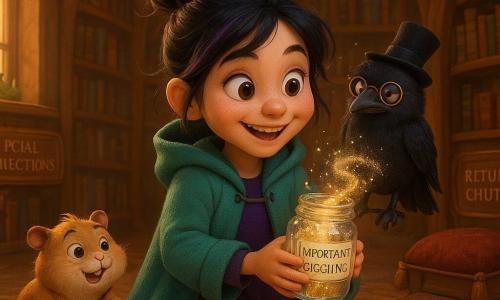 A mischievous young witch with a messy black bun and colored strands, wearing a short purple dress and mint hooded coat, kneels holding a small glass jar labeled IMPORTANT GIGGLING that sparkles with a silver ribbon of light as she offers it to a swirl of laughing glitter; to her right, her familiar Pebble, a fluffy crow with round glasses and a crooked tiny top hat, perches on her shoulder looking annoyed but amused, and to her left Sprocket, a small round boy-hamster with a librarian badge, stumbles along excitedly with a tiny pile of bookmarks; the warm, living media library has curved wooden shelves like trees, softly blinking globe lamps, map-patterned rugs, a whimsical chair, a high window letting golden light in, copper signs reading SPECIAL COLLECTIONS and RETURN CHUTE, and the scene shows musical notes suspended, a smiling thick book on a velvet cushion and floating magic bubbles, in a joyful, saturated, soft-textured, warm-lit style like a 3D animated film.