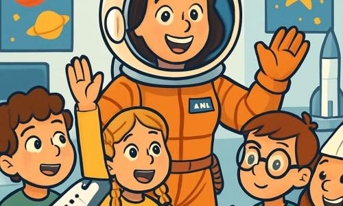 O astronaută pe nume Ana stă în centrul scenei, radiantă și plină de entuziasm. Ea poartă un costum spațial portocaliu strălucitor, cu o cască rotundă și mănuși albe. Fața ei este iluminată de un zâmbet larg, iar ochii ei strălucesc de curiozitate și emoție. Lângă ea, un grup de patru copii, doi băieți și două fete, cu vârste de aproximativ 8-10 ani, o înconjoară. Primul băiat, cu părul brun și creț, se uită cu admirație, ținând un model de navetă spațială din plastic. A doua fată, cu împletituri blonde, își ridică mâna punând o întrebare, fața ei exprimând o mare curiozitate. Al treilea băiat, cu ochelari rotunzi, ia notițe pe un caiet, în timp ce a patra fată, cu o pălărie de cosmonaut din hârtie, zâmbește vesel. Scena se desfășoară într-o sală de pregătire a Centrului Spațial, cu pereți albi și afișe colorate cu planete și stele. Calculatoare și machete de rachete sunt vizibile în fundal, creând o atmosferă dinamică și inspiratoare. Ana explică cu pasiune pregătirile pentru misiunea ei pe Marte, în timp ce copiii, captivați, participă la exerciții distractive, sărind pe mini-trambuline și construind modele de navete. Atmosfera este veselă și plină de energie, ilustrând entuziasmul explorării spațiale.