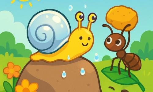 A little snail named Nilo, with a round and smooth shell, shines in the sun like a small silver moon. He has sparkling eyes full of curiosity and a gentle smile on his face as he slowly climbs a large flat rock surrounded by colorful flowers. Nearby, a sturdy ant, carrying a crumb as big as itself, stands on a green leaf, looking at Nilo with admiration and encouragement. It has twitching antennas and a determined look, ready to help. The landscape is a sunny meadow dotted with brightly colored wildflowers, under a clear blue sky with a few fluffy clouds floating gently. Nilo tries to climb the rock, slipping sometimes but determined to reach the top, with sparkling dewdrops around him, creating a magical and peaceful atmosphere.