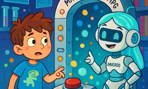 Um garoto de 8 anos, com cabelos castanhos bagunçados e olhos brilhando de curiosidade, está diante de uma grande máquina do tempo de metal brilhante. Ele veste uma camiseta azul com um desenho de dinossauro e um short vermelho, seu rosto expressa uma mistura de excitação e leve apreensão. Ao seu lado, uma garota-robô chamada Mia3000, com cerca de 9 anos, tem uma aparência futurista com cabelos luminosos e olhos em forma de telas, sorrindo calorosamente enquanto lhe mostra a máquina. O cenário é um laboratório repleto de invenções estranhas: tubos de ensaio coloridos, telas holográficas flutuantes e prateleiras carregadas de livros com capas cintilantes. A máquina do tempo, no centro da cena, é adornada com botões vermelhos e luzes piscantes, criando uma atmosfera mágica e intrigante. O garoto hesita, pronto para pressionar o grande botão vermelho da máquina, enquanto bolhas coloridas começam a escapar dela, envolvendo os dois personagens em uma atmosfera de aventura iminente.