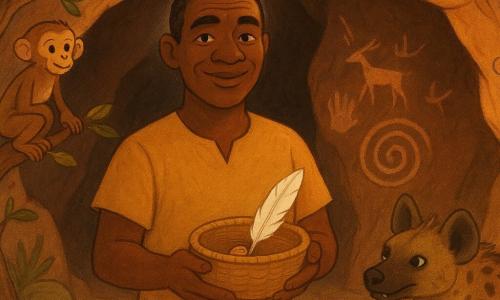 Um homem adulto (Kofi), rosto marcado, pele bronzeada, olhos vivos e sobrancelhas espessas, sorri sereno e orgulhoso segurando um pequeno cesto de fibras trançadas com um único grão e uma pena branca; está de pé na entrada de uma caverna escura, peito ereto. Uma hiena magra e expressiva fica logo atrás à sua direita, focinho voltado para o cesto, olhos curiosos, dentes discretos, pelagem malhada em tons castanhos e pretos, em posição agachada pronta para farejar. Um macaco jovem e travesso está empoleirado em um galho baixo à esquerda, dedos presos à casca, olhar divertido observando a cena de cima. A caverna abre-se em grandes paredes rugosas de pedra vermelho‑castanha com pinturas rupestres estilizadas (antílopes, mãos) e ao centro um grande símbolo em espiral gravado cuja cauda termina num pequeno traço apontando para fora. Atmosfera crepuscular com luz quente de fim de tarde vindo do fundo direito, sombras longas, contrastes suaves; texturas visíveis: pedra rugosa, fibras do cesto, pelos da hiena, casca da árvore. Composição clara: Kofi ao centro perto da entrada, caverna ao fundo, hiena à direita em primeiro plano, macaco à esquerda em altura; paleta quente (ocres, castanhos, verdes escuros) com pontos de luz no grão e na pena.