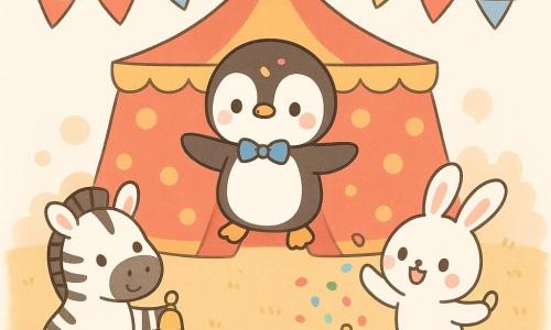 Pufi, un pinguin de pluș, stă în centru pe o sfoară joasă, cu un zâmbet timid și un confetti pe frunte, poartă papion albastru și aripile întinse pentru echilibru; Bibi, o zebră prietenă cu dungi clare, e la marginea sforii cu un clopoțel, zâmbitoare și încurajatoare; un iepuraș mic și pufos ține o cutie de confetti care scapă, cu o expresie jucăușă; un pui de focă stă puțin în spate cu o găleată pe cap, râzând și privind spre Pufi; cortul de circ e mare, roșu cu buline galbene, podea din rumeguș auriu, lanterne rotunde care luminează cald și steaguri colorate; situația: repetiție/număr pe sfoară joasă cu Pufi concentrat, confetti plutind, atmosferă veselă, caldă și plină de culoare; stil: forme simple, contururi moi, culori pastel vii, expresie kawaii, compoziție centrată și clară pentru copii de 4 ani.