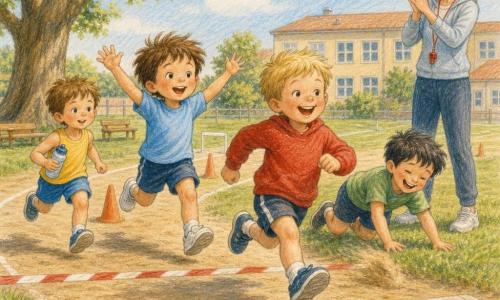 Four 5-year-old boys run across the finish line together on a sunny schoolyard track marked by orange cones, small white hurdles and a light-sand long jump pit: Sam, tousled brown hair in a light blue tee and white sneakers, just behind the line, out of breath but smiling with arms up; Leo, short blond hair in a red sweatshirt, slightly ahead with a confident joyful stride; Ben, black hair in a green tee to Sam’s right, stumbling but laughing with a knee grazing the grass; Max, chestnut hair in a yellow tank, running with small steps on the left holding a water bottle; soft green grass at the track edge, a large oak and cream school building in the background, pale blue sky with fluffy clouds, light sand dust near the pit, gentle shadows, and Miss Anna with her hair up applauding in the background with a red whistle around her neck.