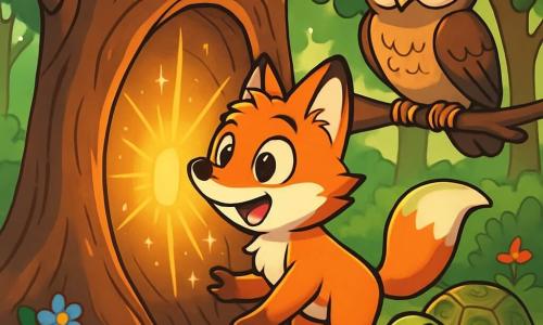 A young fox with bright red fur and curious sparkling eyes stands in front of an ancient tree, its expression a mix of wonder and excitement. It explores a glowing hollow in the trunk, where beams of light dance around it. Nearby, a wise owl with brown feathers and round eyes watches attentively, displaying a kind and intrigued expression, perched on a low branch. A old turtle with a shell adorned with delicate patterns, calm and thoughtful, stands slightly back on the ground, listening to the conversation with interest. The setting is an enchanted forest, bathed in golden light, with majestic trees featuring vibrant green leaves and colorful flowers scattered on the ground. The main scene shows the fox discovering the mysterious passage in the tree, ready to embark on a time-travel adventure, while its friends encourage it to explore this fascinating world.