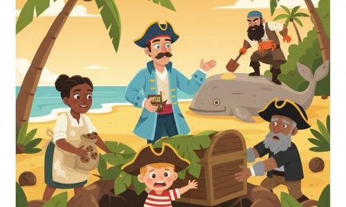Captain Bram watches calmly with bright eyes and a short mustache, wearing a light blue pirate coat with gold buttons; he holds a small boat-shaped music box in his right hand and quietly directs as he helps slide a wooden chest into a hollow under tangled roots. Pip, a small enthusiastic boy with an oversized hat and red-and-white striped shirt, pushes the chest with effort, cheeks flushed. Marla, a smiling 25-year-old cook in a flour-stained beige apron, holds a bag of biscuits and covers the chest with leaves at the left side of the hole. Old Jo, an elderly man with a wrinkled face, gray beard and worn tricorne, lifts the chest on the right and peers warily toward the jungle. In the background on the sand, Captain Clawbeard, tall with a scruffy black beard and a crab-buckle belt, searches near a whale-shaped rock with an aggressive, suspicious posture. The setting is a jungle clearing by a beach with golden sand, leaning palms, bright green leaves, scattered coconuts and a large whale-shaped stone; the group stealthily buries a treasure chest in a root hollow while the villain combs the shore—warm sunset light, vivid contrast, centered composition focused on the hole and chest.