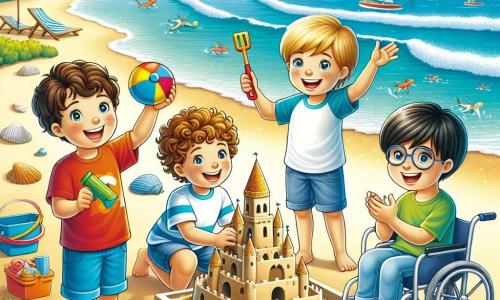 Op een zonnige scène op het strand zijn vier jongens van elf jaar samengekomen. Max, met bruin krullend haar, draagt een rood t-shirt en blauwe shorts en bouwt enthousiast een groot zandkasteel. Daan, een blonde jongen met sprankelende ogen, staat naast hem, lacht en houdt een gekleurde schep vast, klaar om een toren aan de constructie toe te voegen. Sam, met kastanjebruin haar en een bril, staat iets verderop en maakt glimlachend foto's van zijn vrienden. Tot slot zit Joris, met zwart steil haar, in zijn rolstoel, omringd door schelpen die hij heeft verzameld, en hij juicht zijn vrienden toe.

De locatie is een prachtig strand met gouden zand, omringd door groene palmbomen en een turquoise zee die onder de zon schittert. Zachte golven breken op de kust en de lucht is helder blauw met enkele witte wolken.

De jongens werken samen aan hun geweldige zandkasteel, wat hun vriendschap en avontuurlijke geest symboliseert, terwijl Joris, hoewel hij niet in het water is, volledig meedoet aan het plezier door zijn vrienden aan te moedigen.