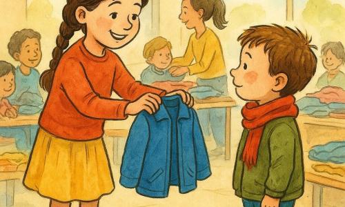 Lina, ein 8-jähriges Mädchen mit braunen Zöpfen und einem warmen Lächeln, trägt leicht abgenutzte Stiefel. Sie reicht einem kleinen Jungen mit roten Wangen eine blaue Jacke, der sie dankbar ansieht. Der Junge, 6 Jahre alt, trägt einen roten Schal und steht Lina direkt gegenüber. Im Hintergrund hilft Amira, ein 8-jähriges Mädchen mit einem Pferdeschwanz, anderen Kindern an einem Bastelstand. Die Szene spielt sich in einem großen, hellen Klassenzimmer ab, das mit bunten Girlanden und Tischen voller Kleidung und Kekse dekoriert ist. Die Atmosphäre ist fröhlich und einladend, mit Kindern und Erwachsenen, die sich unterhalten und teilen.