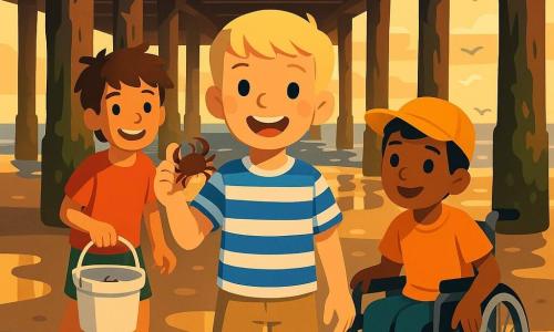 Er zijn drie jongens: Finn (9) blond kort haar, lichte huid, blauw-wit gestreept T‑shirt, beige short, houdt een kleine krab in zijn rechterhand en lacht, centraal en iets op de voorgrond; Tijs (10) bruin ongeschoren haar, gebruinde huid, rood T‑shirt, groen korte broek, houdt een wit emmertje met een krab, links van Finn en iets achter hem; Rami (9) in een rolstoel, kort zwart haar, middelhuid, gele pet scheef, oranje T‑shirt, duwt zijn rolstoel rechts van Finn en kijkt naar de krabben. Locatie: onder een oude houten pier aan zee met donkere krankende planken, op palen zeewier en schelpen, schaduw- en lichtstrepen, ondiep water en nat zand met glinsterende plassen en gouden reflecties van de lage zon. Situatie: de jongens zoeken en vangen krabben in ondiep water, zomerse avondstemming met warm licht, felle contrasterende kleuren, vrolijke verbonden gezichten, duidelijke compositie met simpele silhouetten en een paar vage meeuwen op de achtergrond.