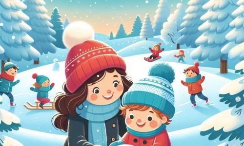 Um menino de 2 anos, com bochechas rosadas e olhos brilhantes, usa um casaco vermelho vivo e um gorro de lã azul. Ele ri alegremente enquanto enrola uma bola de neve para construir um boneco de neve. Ao seu lado, sua mãe, uma mulher de cerca de 30 anos, com cabelos castanhos e cacheados, sorri enquanto o ajuda a empilhar a neve. Ela veste um casaco preto e luvas coloridas. O cenário é um parque de inverno, com árvores majestosas cobertas de neve cintilante, flocos caindo suavemente do céu azul claro e crianças brincando ao longe em trenós. A cena principal mostra o menino e sua mãe criando um boneco de neve, cercados por risos e magia invernal, capturando o espírito alegre do inverno.