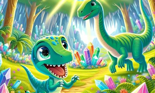 Un velociraptor numit Rivo, cu solzi verzi strălucitori și ochi plini de curiozitate, stă în centrul imaginii, sărind cu bucurie în mijlocul unei poieni însorite. Lângă el, un brontozaur numit Lino, mare și majestuos, cu un gât lung și o piele verde deschisă, se apleacă pentru a admira cristalele strălucitoare dintr-o peșteră apropiată, afișând un zâmbet timid. Scena se desfășoară în minunata Vale Îngemănate, unde ferigi mari și arbori preistorici înconjoară o peșteră strălucitoare, plină de cristale colorate care reflectă lumina soarelui. Flori vibrante și fluturi zburători adaugă o notă de magie mediului. În această ilustrație, Rivo și Lino descoperă împreună frumusețea peșterii, uimiți de culorile strălucitoare ale cristalelor, simbolizând prietenia lor în devenire și spiritul de aventură.