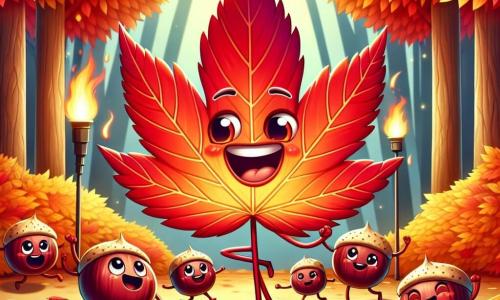 Een mooi figuur in de vorm van een herfstblad, met levendige kleuren van rood en oranje, glimlacht vrolijk terwijl het danst in de frisse lucht. De nerven zijn goed gedefinieerd, en het lijkt licht en vol energie, zwevend boven een grote stapel bladeren. Dichtbij staat een groepje kleine, ronde en glanzende kastanjes in een cirkel, met blije gezichten en fonkelende ogen, zingend en dansend rondom het blad. Ze liggen op de grond, omringd door kleurrijke bladeren. De plek is een zonnige open plek, waar majestueuze bomen met vurig loof staan, hun takken zachtjes wiegend in de wind. De grond is bedekt met een tapijt van gouden en rode bladeren, wat een warme en feestelijke sfeer creëert. De hoofdscène toont het hoofdpersonage, het blad, en zijn vrienden, de kastanjes, die samen de herfst vieren door te dansen en te zingen, terwijl ze genieten van de schoonheid van de natuur om hen heen.