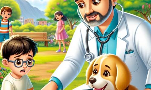 El Dr. Mateo es un hombre de unos cuarenta años, con cabello castaño ligeramente canoso y una barba bien cuidada. Lleva una bata blanca, un estetoscopio alrededor del cuello y muestra una sonrisa cálida y reconfortante mientras se arrodilla para examinar a un perro dorado llamado Max, que tiene una pata herida. A su lado, Pablo, un niño de 10 años con cabello castaño y gafas, observa con preocupación, sosteniendo la correa de Max. Lleva una camiseta azul y un pantalón corto, y su rostro expresa una combinación de miedo y esperanza. El escenario es un pequeño parque verde, lleno de flores coloridas y árboles majestuosos, con un banco de madera y niños jugando a lo lejos. El sol brilla, creando una atmósfera alegre y acogedora. La situación principal muestra al Dr. Mateo cuidando de Max, explicando a los niños la importancia de cuidar a los animales, mientras que otros niños se acercan con curiosidad, listos para aprender y ayudar.
