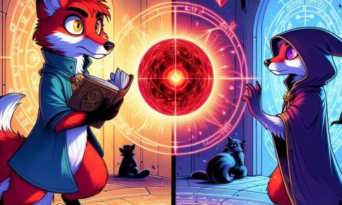 Un zorro de pelaje rojo brillante y ojos dorados, con un aire decidido y curioso, se encuentra en el centro de una sala circular iluminada por cristales flotantes. Sostiene un libro antiguo en una pata, mirando intensamente un orbe rojo palpitante en el centro de la habitación. A su derecha, un lince de pelaje plateado y ojos violetas, vestido con una capa azul, expresa una preocupación mezclada con esperanza, extendiendo la pata hacia el zorro como pidiendo ayuda. La sala está decorada con símbolos misteriosos en las paredes, y sombras bailan a su alrededor, creando una atmósfera mágica y tensa. La situación principal muestra al zorro enfrentándose a un mapache encapuchado, que sostiene el orbe, con una expresión de desafío y desesperación, mientras criaturas oscuras se acercan, añadiendo una tensión palpable a la ilustración.