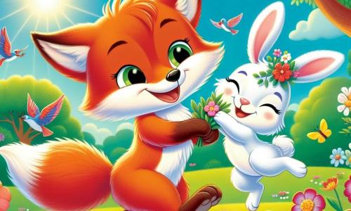 In a sunny spring clearing, a clever fox named Félix, with his bright orange fur and sparkling curious eyes, is joyfully dancing among colorful flowers, a big smile on his face. Next to him, Bella, an adorable rabbit with white fur and large ears, jumps enthusiastically, her eyes shining with happiness, holding a bouquet of flowers in her small paws. In the background, majestic trees with vibrant green leaves surround the scene, while birds sing in the branches, and colorful butterflies flutter around the flowers. The main scene shows Félix and Bella celebrating spring at a joyful festival, surrounded by the beauty of nature, sharing laughter and moments of happiness.