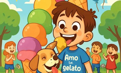 Un ragazzo di 8 anni, di nome Filippo, con capelli castani disordinati e occhi scintillanti di gioia, si trova davanti a un'enorme montagna di gelato multicolore. Indossa una maglietta blu con "Amo il gelato" scritto in lettere festose e un cappello a forma di cono gelato. Il suo volto esprime un'eccitazione travolgente e un leggero stupore. Accanto a lui, il suo fedele cane Briciola, un piccolo cane beige con orecchie pendenti, guarda la montagna di gelato con occhi brillanti, pronto a condividere quest'avventura golosa. Il luogo è un parco soleggiato, pieno di alberi verdi, fiori colorati e famiglie che ridono e si divertono. Palloncini fluttuano nell'aria, aggiungendo un tocco festoso all'atmosfera. La scena principale mostra Filippo e Briciola mentre gustano insieme il gelato, le lingue fuori, il volto coperto di crema gelato, mentre i bambini intorno applaudono e ridono, creando un'atmosfera gioiosa e conviviale.