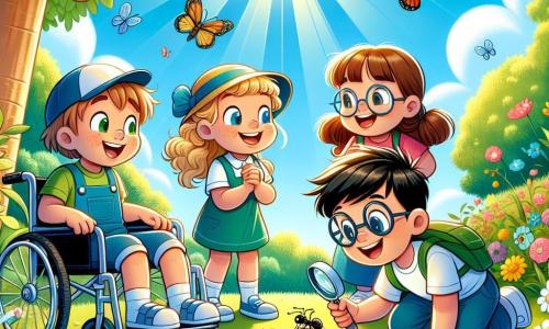 In einem sonnigen Park sind vier Kinder versammelt, um die Natur im Frühling zu beobachten. Max, ein 10-jähriger Junge im Rollstuhl mit braunen Haaren und einer Brille, lächelt begeistert, während er einen Vogel in einem Baum ansieht. Neben ihm zeigt Lena, ein 9-jähriges Mädchen mit lockigen blonden Haaren, auf einen wunderschönen, bunten Schmetterling, der um die Blumen fliegt. Tom, ein 10-jähriger Junge mit braunen Haaren und einer Kappe, hockt neben einem Ameisenhaufen und hält eine Lupe, um die kleinen Kreaturen besser zu beobachten. Schließlich steht Ben, ein 9-jähriger Junge mit Brille und schwarzen Haaren, mit verschränkten Armen da und bewundert einen großen Baum mit weißen Blüten.

Der Park ist voller leuchtender Blumen, grüner Blätter und eines hellblauen Himmels, der mit flauschigen weißen Wolken bedeckt ist. Die Sonnenstrahlen erhellen die Landschaft und schaffen eine fröhliche und lebendige Atmosphäre.

Die Kinder entdecken gemeinsam die Wunder des Frühlings, beobachten Insekten und Vögel und lernen die Bedeutung der Natur um sie herum.
