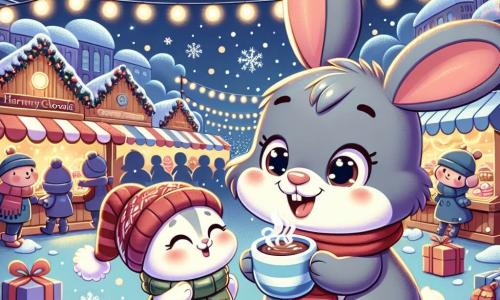 Ein kleiner Hase mit großen Ohren und grauem Fell steht in der Mitte der Szene und zeigt einen Ausdruck von Freude und Aufregung, während er eine dampfende Tasse heiße Schokolade in seinen kleinen Pfoten hält. Neben ihm lächelt eine liebevolle Hasenmama mit hellbraunem Fell und einem hübschen roten Schal um den Hals stolz auf ihr Kind. Im Hintergrund schafft ein lebhafter Weihnachtsmarkt, geschmückt mit funkelnden Lichtern und bunten Ständen, die Leckereien verkaufen, eine festliche Atmosphäre, während sanfte Schneeflocken vom sternenklaren Himmel fallen. Die Szene fängt den Moment ein, in dem der kleine Hase seine Mama im Herzen dieser fröhlichen Weihnachtsfeier wiederfindet, umgeben von Lachen und funkelnden Lichtern.