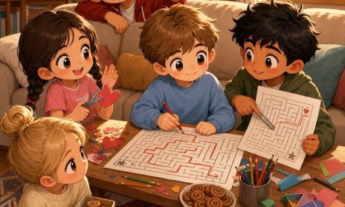 Ci sono 5 bambini: Tommaso, ~12 anni, capelli castano chiaro curati, occhi grandi, maglione azzurro, seduto al centro del tavolino mentre traccia un percorso su un grande foglio-labirinto e sorride timidamente; Amir, ~12 anni, capelli neri leggermente spettinati, pelle olivastra, giacca verde, a destra di Tommaso, mostra il suo disegno e indica una regola con un simbolo; Giulia, ~12 anni, capelli castani in due trecce, maglietta rosa, a sinistra di Tommaso, ritaglia cuori di carta e applaude; Sara, ~12 anni, capelli biondi raccolti, maglione panna, accovacciata vicino al tappeto, tiene una scatola di biscotti e ascolta; Nico, ~12 anni, capelli neri corti, espressione buffa, giacca rossa, in piedi dietro il divano, fa una smorfia tenendo un cuore di carta a forma di fagiolo. Ambientazione: salotto caldo di pomeriggio con tavolino in legno chiaro, divano beige, tappeto colorato, finestra con tende leggere e luce aranciata, biscotti alla cannella su un piatto, fogli e pennarelli sparsi. Situazione: gruppo riunito intorno a un grande labirinto disegnato; ciascuno traccia un percorso colorato e compie piccoli gesti gentili indicati da simboli (stella, tazza, nuvola, palla); scena dolce e gioiosa, colori pastello vivaci, espressioni chibi esagerate, atmosfera intima con composizione centrata sul gioco e sui volti complici.