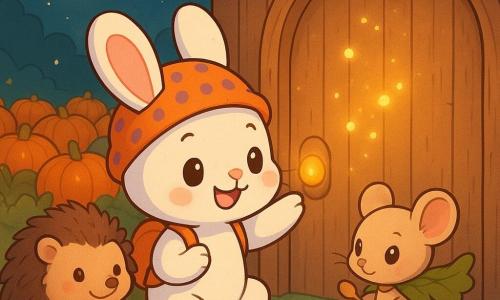 Un pequeño conejo blanco llamado Lino, expresivo y sonriente, con grandes orejas rosadas, nariz temblorosa, un gorrito naranja con lunares morados y una mochila, está arrodillado ante una puerta de granero de madera clara pulsando suavemente un botón redondo que brilla como un caramelo; a su derecha, Mimi la ratoncita diminuta y beige con capa de hoja de roble y ojos almendrados, curiosa, sobre una piedra con una cuchara y semillas de calabaza; a la izquierda, un erizo redondo y suave de púas marrones ofrece una pluma; al fondo, un campo de calabazas brillantes, guirnaldas de hojas doradas y un viejo granero bajo una luna creciente amarilla en un cielo estrellado; la puerta se abre dejando salir luciérnagas doradas y humos perfumados que crean una atmósfera cálida, luminosa y mágica, tonos cálidos y contrastes suaves, estilo chibi kawaii, colores vivos y pastel, rasgos redondeados y iluminación suave.