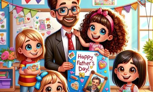 In un'aula colorata, piena di decorazioni per la festa del papà, si vedono quattro personaggi principali. Sofia, una ragazza di dieci anni con capelli ricci castani e occhi brillanti, è al centro, tiene in mano una lettera colorata e il suo viso è radioso di eccitazione. Alla sua destra, Chiara, un'altra ragazza di dieci anni con capelli biondi e occhiali, sorride tenendo un grande cartone blu decorato. A sinistra di Sofia c'è Giulia, una ragazza di dieci anni con capelli lisci e neri, che mostra con orgoglio una cornice di legno che ha realizzato. Infine, sullo sfondo, il papà di Sofia, un uomo di quarant'anni con barba castana e un sorriso caloroso, ascolta attentamente, con gli occhi pieni di orgoglio. L'aula è decorata con palloncini colorati, festoni di carta e un grande striscione che dice "Buona festa del papà!". La luce del sole entra dalle finestre, illuminando i volti gioiosi dei bambini. La scena principale mostra Sofia che legge la sua lettera al papà, circondata dalle sue amiche che la incoraggiano con sorrisi e applausi, creando un'atmosfera di gioia e amore.