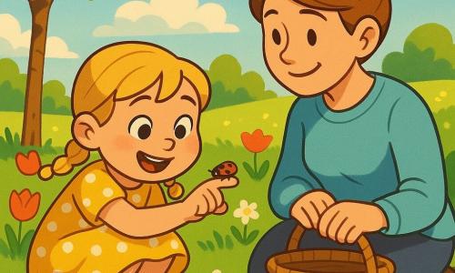 A joyful, wide-eyed 4-year-old girl with round cheeks and blonde pigtails wears a yellow polka-dot dress and green boots; she crouches in the grass, reaching to observe a red ladybug with black spots walking on her finger. Her mother, around 30, smiling and gentle with brown hair in a bun and a light blue sweater, sits beside her on the grass holding a wicker basket and watching tenderly. The bright spring garden has a green lawn, red and yellow tulips, white daisies, a small tree with fresh green leaves and a blue sky with fluffy clouds; warm morning light falls across the scene, which captures a calm, wondrous moment of discovery, with attention to the soft grass, the dress pattern, and the girl's shining eyes.