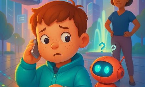 Een 6-jarige jongen met rond gezicht en sproeten, nieuwsgierige licht bezorgde blik, draagt een glanzende turquoise jas en houdt een zilveren armbandje tegen zijn oor; een klein rond koraalrood gezelschapsrobotje met blauw lichtend oog zweeft ter hoogte van zijn rechterschouder en toont verwarde pictogrammen; de moeder (ongeveer 30), kort bruin haar, handen in de zij bij een lichtgevende fontein, kijkt toe; de scène speelt zich af op een brede gepolijste glazen avenue met hoge gladde woontorens, witte vliegbussen en drijvende holografische borden; de vloer toont de Lichtroute: ingebouwde knipperende lampjes (blauw, groen, geel) die in onregelmatige lijnen kruisen; hoofdactie: de jongen raakt zijn armband aan om het lichtpad te herstellen terwijl de lampjes om hem heen knipperen en het robotje waakt en de moeder vanaf de fontein kijkt; zacht schemerlicht, sterke contrasten, felle kleuren, gladde texturen, kinderlijke uitnodigende stijl.