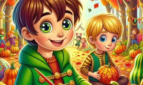 Un niño de 8 años, Tomás, con cabello castaño y ojos llenos de curiosidad, está pintando una calabaza. Lleva un abrigo verde brillante con botones dorados que brillan al sol, y su rostro está iluminado por una gran sonrisa de emoción. A su lado, su amigo Martín, también de 8 años, con cabello rubio y ojos azules, observa atentamente, sosteniendo una paleta de colores en sus manos. El lugar es un claro del bosque en otoño, rodeado de árboles con hojas rojas, naranjas y amarillas, y rayos de sol filtrándose entre las ramas. La escena principal muestra a Tomás y Martín concentrados en su actividad, rodeados de otros niños que decoran calabazas, mientras una gran fiesta de otoño se prepara de fondo, con guirnaldas de hojas y linternas brillantes.