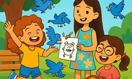 Hay 3 personajes: Clara, una niña de 9 años con cabello rizado y una gran sonrisa traviesa, lleva una camiseta amarilla y un short de mezclilla, y salta de alegría cerca de un gran árbol. Sofía, una niña de 10 años, alta y delgada, con cabello largo y liso, lleva un vestido de flores colorido y sostiene un lápiz, dibujando un extraño monstruo en un papel. Valentina, una niña de 9 años con dos coletas y gafas redondas, lleva una camiseta rosa y una falda de lunares, sentada en la hierba, ríe a carcajadas mientras sostiene una caja de galletas. La escena tiene lugar en un parque soleado con grandes árboles verdes, flores coloridas y un cielo azul brillante. Las tres amigas están en busca de un tesoro, rodeadas de risas y alegría, con pájaros volando alrededor, atraídos por las galletas. Clara intenta ahuyentar a los pájaros que picotean las galletas, mientras Sofía y Valentina ríen y animan a Clara a no enojarse.