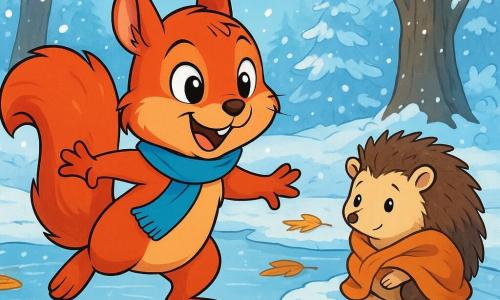 A red squirrel named Moss, with sparkling eyes and shiny fur, joyfully glides on an icy surface, his expression full of excitement and curiosity. He has a small blue scarf wrapped around his neck, and his bushy tail stands upright. Nearby, a small hedgehog named Poppy, with brown spines and a gentle face, timidly watches, her gaze hesitant yet curious. She sits on the edge of the ice, wrapped in a woolen blanket, a slight smile on her lips. The setting is a magical winter forest, with majestic trees covered in sparkling snow, snowflakes gently falling from the light blue sky, and a ground carpeted with frozen leaves that crackle under the animals' paws. The main scene shows Moss joyfully leaping on the ice, while Poppy, though a bit nervous, begins to approach to try gliding alongside him, creating a moment of sharing and discovery in this snowy landscape.