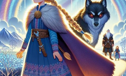 Freya, o fetiță vikingă de aproximativ 12 ani, stă mândră pe un pod de lumină strălucitoare, cu fața iluminată de determinare și uimire. Poartă o rochie lungă din lână de culoare albastru închis, ornamentată cu motive nordice, și o pelerină din blană care flutură ușor în vânt. Părul ei blond, împletit cu mărgele din lemn, strălucește sub soare. Lângă ea, un lup majestuos cu ochi roșii și blană neagră ca noaptea stă protectiv, cu mușchii tensionați și privirea atentă. Mai departe, pe pod, o siluetă impunătoare, un gigant cu barbă albă și haine din piele, observă scena cu un zâmbet binevoitor, cu brațele încrucișate pe piept. Locația este un peisaj feeric, unde un pod de curcubeu se întinde între două lumi, înconjurat de nori luminoși și munți acoperiți de zăpadă care strălucesc sub soare. În fundal, copaci argintii și flori strălucitoare adaugă o notă de magie mediu. Situația principală o arată pe Freya, pregătită să traverseze podul spre necunoscut, cu lupul ei alături, simbolizând curajul și determinarea de a înfrunta provocările care o așteaptă.