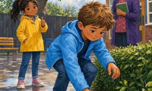 An 8-year-old boy with a round face and tousled light brown hair, leaning forward with a focused, shy smile as he picks up a small wet plastic wrapper near a hedge, wearing a sky-blue coat, jeans and red sneakers, his slightly damp hands creasing the paper; behind him to the left stands an about-8-year-old girl (Mia) with brown hair in a ponytail, looking proud and gentle with her thumb up and a yellow jacket, while a female teacher (Ms. Patel, ~35) with tied black hair and a kind smile watches proudly from near the school door holding a small green notebook; the scene takes place in a wet paved schoolyard with reflective puddles, a dark wooden fence and an old leafy oak, a few benches and a clear sky with light clouds and silhouetted birds, capturing a warm, optimistic morning moment of the boy picking up litter to protect birds, painted in vivid colors with visible acrylic brushstrokes.