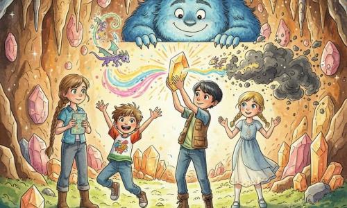 Five characters: Lily, ~10, bright green eyes, light brown braided hair, practical outfit, holding a small round light tablet in her left hand, standing left and focused on the crystal; Max, ~9, tousled brown hair, big grin, colorful T‑shirt, foreground jumping with arms raised slightly left of center; Sophie, ~10, blonde braids, light dress, hands raised as if calling creatures, right side, gentle expressive face; Leo, ~11, fair skin, short black hair, explorer jacket, holding a large glowing crystal high at center-right foreground; and a guardian creature, tall nonhuman with thick blue fur, friendly round eyes, protective stance behind the cave entrance leaning toward the children. Setting: a sparkling crystalline cave with multicolored geodes, golden glints, glittering stalactites, soft mossy floor glowing green, and warm light shafts. Main action: the children hold a large golden crystal sending colored beams at a dark swirling mass at the cave entrance as tiny iridescent dragons whirl overhead with glittering breaths while the dark mass disintegrates into light particles; mood victorious with contrasting grays dissolving under warm yellow, pink, and blue highlights. Style: colored ink, clean lines, detailed fur and crystal textures, clear joyful childlike expressions.