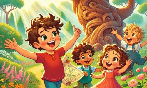 In a sunny park, four friends are gathered for an adventure. Max, a four-year-old boy with messy brown hair and a red t-shirt, holds a treasure map and smiles enthusiastically. Next to him, Leo, another four-year-old boy with blonde hair and round glasses, points at a large twisted tree, his eyes shining with excitement. Sam, a four-year-old girl with curly hair in a pink dress, joyfully dances around them, her arms raised to the sky. Finally, Tiny, a small boy with brown hair and a tiny stature, stands near the flowers, his eyes wide with curiosity. The park is filled with tall trees with green leaves, colorful flowers dancing in the wind, and rays of sunshine filtering through the branches. In the distance, a winding path appears to lead to a secret place. The four friends discover a hidden path behind a bush of yellow flowers and are eager to explore it, excited to find a mysterious treasure.