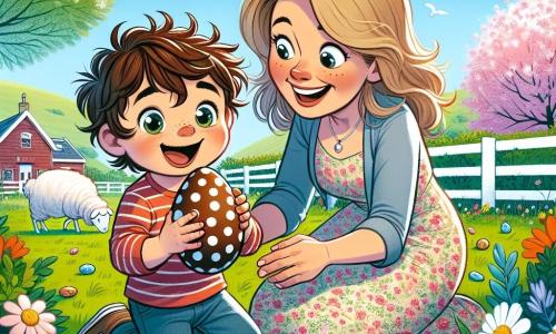 Een jongen van 2 jaar, Tim, met rommelig kastanjebruin haar en sprankelende ogen, zit op de grond in het groene gras met een grote glimlach op zijn gezicht. Hij houdt een gekleurd chocolade-ei in zijn kleine handen en kijkt verwonderd naar zijn ontdekking. Naast hem knielt zijn moeder, een vrouw van ongeveer 30 jaar met lang blond haar, in een bloeiende lentekleed. Ze lacht en moedigt Tim aan terwijl ze hem andere eieren laat zien die in de tuin verstopt zijn. De achtergrond toont een charmante boerderij in volle bloei, met kleurrijke bloemen, bloeiende bomen en een omheining met rustige witte schapen. De lucht is blauw met enkele donzige witte wolken. Het belangrijkste moment toont Tim die enthousiast zijn chocolade-ei onder een struik ontdekt, terwijl zijn moeder hem aanmoedigt en de zon vrolijk schijnt op deze lentescène.