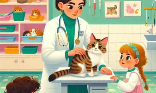Una veterinaria, Giulia, è una giovane donna di circa trent'anni con i capelli castani raccolti in uno chignon, che indossa un camice bianco. Il suo volto esprime concentrazione e benevolenza mentre esamina un piccolo gatto tigrato di nome Tigro, seduto su un tavolo da visita. Accanto a lei, un ragazzo di circa 8 anni di nome Luca, con i capelli ricci e gli occhi pieni di curiosità, osserva attentamente la scena, con le mani appoggiate sul tavolo. Un'altra bambina, Sofia, di 7 anni con trecce bionde, tiene un quaderno da disegno e disegna con entusiasmo ciò che vede. La scena si svolge in una clinica veterinaria luminosa e accogliente, con pareti dipinte di verde pastello e manifesti colorati di animali. Giocattoli per animali sono sparsi sul pavimento e una grande finestra lascia entrare la luce del sole, illuminando la stanza. Giulia sta effettuando un controllo di routine su Tigro, controllando le sue orecchie con un piccolo strumento, mentre Luca e Sofia osservano con fascino, imparando l'importanza di prendersi cura degli animali.