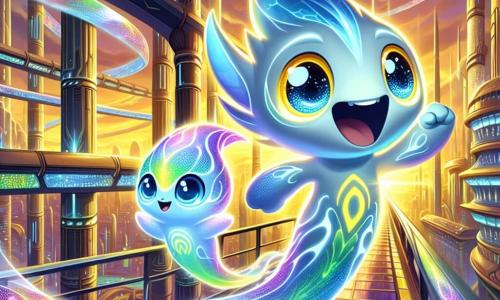 Zyx, a translucent Luminoid with changing colors, joyfully floats in the air, its large eyes shining with excitement. Its body sparkles with shades of blue and purple, and its long, waving tail leaves a glowing trail behind. Nearby, Twirl, another Luminoid with swirling patterns of green and yellow, smiles widely, its eyes sparkling with enthusiasm as it points to the sky, as if having just had a brilliant idea. Their environment is the stunning futuristic city of Lumina, where glass and steel buildings majestically rise, reflecting the golden hues of the setting sun. Suspended pathways between the structures are illuminated by bioluminescent plants, creating a magical and vibrant atmosphere. The scene depicts Zyx and Twirl taking off together, ready to explore the wonders of their city, their faces radiant with joy and anticipation as the sky bursts with vibrant colors.