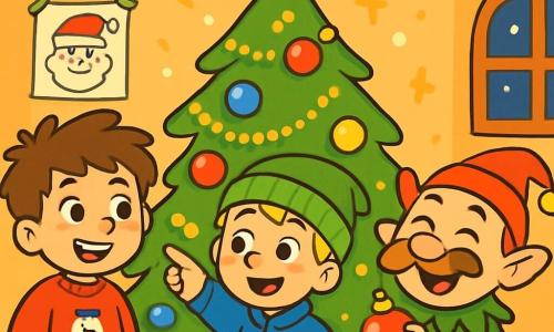 Es gibt drei Charaktere: Max, ein 8-jähriger Junge mit zerzausten braunen Haaren und funkelnden Augen, trägt einen roten Pullover mit einem Schneemann und steht links, während er mit einem bewundernden Lächeln den Weihnachtsbaum betrachtet. Ben, ein 7-jähriger Junge mit blonden Haaren und Sommersprossen, trägt eine grüne Mütze und einen blauen Mantel, steht in der Mitte und zeigt auf den geschmückten Baum. Der Scherzgeist, ein kleiner Kobold mit einem großen Schnurrbart und einem grünen Outfit mit Glöckchen, trägt eine kleine rote Mütze und steht rechts, lacht fröhlich und hält eine Weihnachtskugel in den Händen. Die Szene spielt in einem warmen Wohnzimmer, das mit Weihnachtsdekorationen geschmückt ist. Ein großer, funkelnder Weihnachtsbaum steht im Mittelpunkt, bedeckt mit goldenen Girlanden und bunten Kugeln. Lichter blitzen darum herum, und Geschenke sind unter dem Baum gestapelt. Die Wände sind mit Girlanden und Weihnachtszeichnungen geschmückt, was eine festliche Atmosphäre schafft. Die Hauptsituation zeigt Max und Ben, die begeistert dem Scherzgeist helfen, die Dekorationen des Baumes in Ordnung zu bringen. Der Kobold lacht, während er eine Weihnachtskugel hält, während Max und Ben um den Baum herum eifrig sind, bereit, Ornamente aufzuhängen und den Raum mit ihrer Freude zu erhellen.