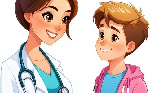 O doctoriță, în jur de treizeci de ani, cu părul castaniu prins în coc, poartă un halat alb impecabil și un stetoscop la gât. Are un zâmbet cald și ochi strălucitori de bunătate, în timp ce ascultă cu atenție inima unui băiat tânăr, Matei, în vârstă de 10 ani, care stă în fața ei, puțin nervos dar curios, cu ochii de culoare miere și un tricou albastru. În cameră, o asistentă, Ana, în jur de douăzeci de ani, cu părul blond și un halat roz, notează informații într-un carnet, observând scena cu un zâmbet încurajator. Cabinetul medical este luminos, cu pereți vopsiți în verde liniștitor, decorat cu postere educaționale despre sănătate și o fereastră mare care lasă să intre lumina soarelui. Situația principală o arată pe doctoriță explicându-i lui Matei cum să folosească un inhalator, cu gesturi blânde și liniștitoare, în timp ce băiatul, intrigat, ține aparatul în mâini, pregătit să învețe.