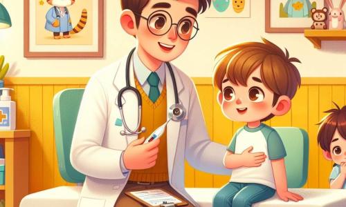 Personajul principal este doctorul Andrei, un bărbat de aproximativ treizeci de ani, cu părul brunet și ochelari rotunzi. Poartă un halat alb și zâmbește călduros, ținând o trusă medicală într-o mână și un termometru în cealaltă. Lângă el se află Radu, un băiat de 8 ani, cu părul blond în dezordine și un tricou albastru, care îl privește pe doctor cu ochi plini de speranță, ținându-și burtica cu o mână. Puțin mai departe, Ana, o fetiță de 7 ani, cu părul lung și brunet, stă pe un scaun, ținând un bandaj în jurul brațului, având un aer de ușurare pe față. Scena se desfășoară într-un cabinet medical colorat, cu pereți vopsiți în galben și postere cu animale și fructe sănătoase. Există jucării din lemn pe o etajeră și o fereastră mare care lasă să intre lumina soarelui, creând o atmosferă primitoare și veselă. Situația principală arată doctorul Andrei încercând să-l liniștească pe Radu, care este îngrijorat din cauza tusei, în timp ce Ana, care a fost recent tratată, îi observă cu un zâmbet, fericită să-l vadă pe prietenul ei primind ajutor.