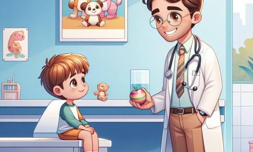 Um médico homem, Dr. Pedro, está no centro da imagem, sorrindo calorosamente. Ele usa um jaleco branco, tem cabelos castanhos levemente ondulados e óculos redondos. Seu rosto irradia bondade e empatia enquanto ele se agacha na altura de um menino. Ao lado dele, um garoto de 7 anos, chamado João, tem cabelos castanhos e olhos brilhantes de curiosidade. Ele veste uma camiseta colorida e um short, e olha para o Dr. Pedro com um misto de gratidão e empolgação. Ao fundo, uma sala de exame de hospital iluminada e acolhedora, com paredes pintadas de azul pastel, cartazes de desenhos de animais sorridentes e brinquedos espalhados. Uma grande janela deixa entrar a luz do sol, criando uma atmosfera calorosa. A cena principal mostra o Dr. Pedro explicando a João a importância de beber água e comer frutas para se manter saudável, enquanto segura uma maçã vermelha na mão. João, com um sorriso, escuta atentamente, pronto para aprender.