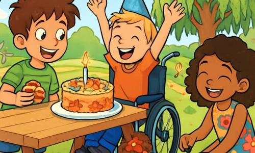 Hay 3 personajes: - Lucas: Un niño de 10 años con cabello castaño desordenado y ojos brillantes. Lleva una camiseta de rayas verdes y un short azul. Está sonriendo alegremente, sosteniendo un trozo de pastel en su mano. - Tomás: Un niño de 10 años con cabello corto y rubio, que lleva un gorro de fiesta azul un poco grande. Está en su silla de ruedas, riendo y levantando los brazos en señal de celebración. - Una niña pequeña: Una niña de 7 años con cabello rizado y un vestido colorido con flores. Está sentada en el suelo, rodeada de macetas y semillas, plantando una semilla con una gran sonrisa. El lugar es un parque soleado, lleno de grandes árboles con hojas verdes brillantes, con un gran sauce llorón en el centro. Niños juegan alrededor, flores coloridas bordean el camino, y una gran mesa de madera está servida con una bonita tarta decorada con flores comestibles. La situación principal muestra a Lucas y Tomás celebrando un cumpleaños, rodeados de amigos, soplando una vela del pastel, mientras la niña planta semillas a su lado, todos radiantes de alegría y amistad.