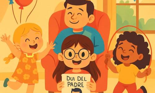 Hay 3 personajes: - Sara: una niña de 7 años, con cabello largo castaño y gafas redondas. Lleva una camiseta roja con un corazón y un short de mezclilla. Está de pie en el centro, sonriendo, sosteniendo un dibujo colorido. - Sofía: una niña de 6 años, con cabello rubio trenzado y un vestido de flores. Está a la izquierda de Sara, saltando de alegría con globos multicolores en las manos. - Lucía: una niña de 7 años, con cabello negro y rizado, lleva una camiseta amarilla y pantalones rosas. Está a la derecha de Sara, sosteniendo una cuerda para saltar y riendo con entusiasmo. La escena tiene lugar en una sala cálida, decorada con globos de colores y guirnaldas de papel. Una gran mesa de madera está cubierta de dibujos hechos a mano, y un gato perezoso está acostado sobre un cojín suave. La luz del sol entra por una ventana, creando un ambiente alegre y festivo. La situación principal muestra a las tres niñas celebrando el Día del Padre. Saltan de alegría alrededor de su papá, que está sentado en un trono de cojines, llevando una corona de papel y sonriendo con felicidad. Las niñas ríen y aplauden, creando una atmósfera festiva llena de amor y risas.