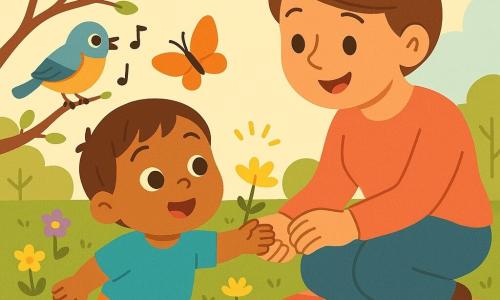 Un niño de 2 años, feliz y maravillado, rostro redondo, pelo castaño corto, mejillas rosadas, ojos grandes y brillantes, extiende la mano para tocar una pequeña flor amarilla y sigue con curiosidad una mariposa naranja; una mujer adulta (madre, ~30 años), sonriente y amable, piel clara, cabello castaño recogido en moño, agachada junto a una manta a cuadros, sujetando la mano del niño y mirándole; un pájaro pequeño y colorido posado en una rama cercana, cantando con las alas plegadas y mirando al niño; jardín primaveral luminoso con césped verde, pequeñas flores amarillas y violetas, un árbol con hojas jóvenes y brotes verdes, cielo azul pálido, manta roja y blanca sobre la hierba y una manzana roja al lado; escena principal: momento tranquilo y dulce al atardecer, composición simple, formas redondeadas, colores pastel vivos, contrastes suaves y contornos limpios.