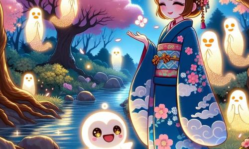 Una mujer llamada Hana, de unos 30 años, se encuentra al borde de un arroyo que brilla bajo la luna. Lleva un kimono azul decorado con motivos de nubes y delicadas flores de cerezo. Su rostro es suave y sereno, expresando una profunda gratitud. A su lado, un kodama, un pequeño espíritu del bosque, aparece, brillante y alegre, con ojos chispeantes y una sonrisa traviesa. Él danza a su alrededor, añadiendo un toque de magia a la escena. En el fondo, ancestros luminosos, envueltos en una suave luz dorada, flotan cerca de majestuosos árboles, sus rostros benevolentes irradiando sabiduría. El lugar es un jardín encantador, lleno de cerezos en flor, cuyas pétalos caen como nieve rosa, y el cielo está salpicado de estrellas brillantes. La situación principal muestra a Hana, con los brazos abiertos, acogiendo a los espíritus en una danza alegre, mientras la suave brisa hace vibrar las hojas a su alrededor, creando una atmósfera de fiesta y conexión con la naturaleza.