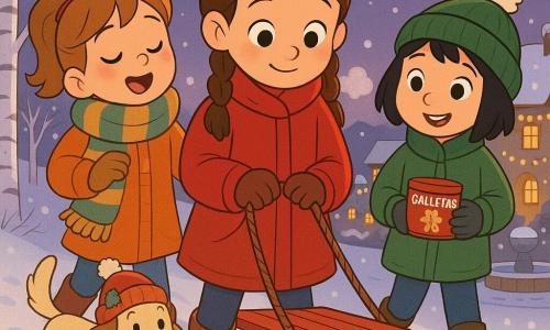 Hay cuatro personajes: Martina, 9 años, cabello castaño trenzado, abrigo rojo, tira la cuerda de una trineo de madera roja en el centro y la mira con ternura; Lucía, 9 años, coleta castaño claro, bufanda gruesa a rayas, a la izquierda, tararea y ayuda ligeramente con la trineo; Inés, 9 años, cabello negro corto, gorro con pompón, a la derecha, sostiene una pequeña caja de galletas y sonríe mirando la trineo; y el perrito Nieve, callejero, pelaje crema y gorro remendado, trota junto a la trineo con una pata levantada. Lugar: una colina suave bordeada de abedules con escarcha al crepúsculo; al pie, una plaza empedrada con una fuente helada que refleja faroles amarillos, tejados nevados, guirnaldas de luz y un cielo violeta con luna llena. Situación: las tres niñas tiran delicadamente la trineo por un sendero de nieve fresca con huellas regulares; caen copos grandes y suaves, su aliento forma nubecitas, ambiente cálido de Navidad con tonos cálidos contrastando con el blanco frío y texturas de lana visibles.