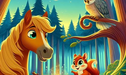 Ein Pferd namens Finn mit goldenbraunem Fell und wehender Mähne zeigt große Freude und Neugier, während es im Zentrum einer verzauberten Lichtung steht, seine Augen strahlen vor Aufregung. Neben ihm klettert ein kleines Eichhörnchen namens Max mit rötlichem Fell und funkelnden Augen begeistert auf einem niedrigen Ast und schaut Finn an. Im Hintergrund sitzt eine weise alte Eule namens Luna mit grauen Federn und großen, weisen Augen auf einem Baumast und beobachtet die Szene mit einem wohlwollenden Lächeln. Die Lichtung ist von majestätischen großen Bäumen umgeben, deren grüne Blätter sanft im Wind tanzen, während ein sanfter Mondstrahl ein mysteriöses, leuchtendes Herz aus Stein im Zentrum erhellt, das warmes und magisches Licht ausstrahlt. Finn und Max entdecken fasziniert das magische Herz des Waldes, das Freundschaft und Abenteuer symbolisiert, die sie erwarten.