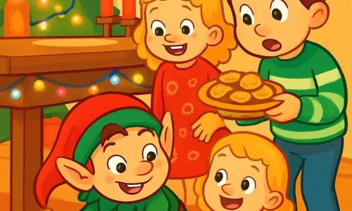 Een kleine ondeugende elf met een grote ondeugende glimlach, gekleed in een felrode muts en groene kleren versierd met glinsterende belletjes, staat onder een rustieke houten tafel en plakt een kleurrijk briefje op een van de tafelpoten. Zijn ogen twinkelen van vreugde en opwinding. Naast hem kijkt een klein meisje met krullend blond haar, gekleed in een rode jurk met sneeuwvlokmotieven, verwonderd naar de elf, haar gezicht verlicht door een stralende glimlach. Een jongen met bruin haar, gekleed in een gestreepte groene en witte trui, leunt naar voren met grote ogen van verrassing, terwijl hij een schaal met koekjes in zijn handen houdt. De scène speelt zich af in een gezellige eetkamer, versierd voor Kerstmis, met een grote houten tafel versierd met lichtslingers, glinsterende kaarsen en een kerstboom die schittert op de achtergrond. De ondeugende elf, helemaal opgewonden, is van plan een grap te maken door zijn briefje onder de tafel te plaatsen, terwijl de kinderen, nieuwsgierig en blij, zich voorbereiden om zijn geheim te ontdekken.