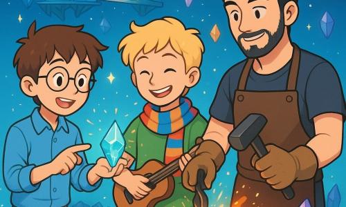Er zijn 3 personages: - Bram: een 12-jarig meisje met rommelig bruin haar en ronde bril. Hij draagt een blauwe shirt en beige broek, en houdt een notitieboekje in één hand terwijl hij met de andere hand naar een glanzende kristal wijst. - Tijm: een 12-jarig jongen met blond haar en een kleurrijke sjaal om zijn nek. Hij draagt een groene t-shirt en zwarte broek, en glimlacht vrolijk terwijl hij op een klein muziekinstrument speelt en een melodie creëert. - De Smid: een 18-jarige jongeman met zwart haar en een lichte baard. Hij draagt een leren schort en handschoenen, en staat bij een smidse, terwijl hij een stuk kristal aan het bewerken is. De personages zijn verzameld op een klein drijvend eiland, omringd door een rivier van glinsterend licht. Op de achtergrond zweven huizen van glas en hout in de blauwe lucht, verbonden door verlichte bruggen. Sterren stralen boven hen en gekleurde kristallen geven een zachte gloed. De belangrijkste situatie toont Bram en Tijm die samenwerken met de Smid om een glanzende kristal te smeden die de magie van de ovens in hun dorp zal herstellen. Ze werken samen, verenigd door muziek en licht, terwijl vonken om hen heen vliegen en een sfeer van magie en avontuur creëren.