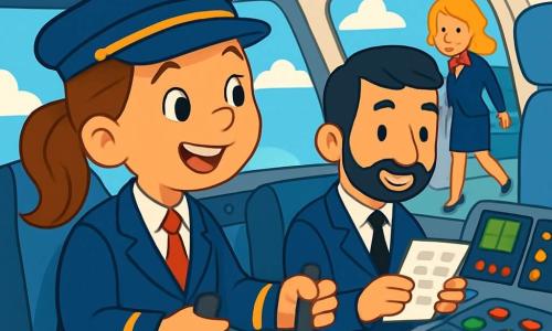 Una piloto mujer, la capitana Elena, sonriente y confiada, lleva un uniforme azul marino con una gorra a juego. Sus cabellos castaños están recogidos en una coleta ordenada. Ella está sentada en la cabina de un gran avión, rodeada de botones coloridos y luces parpadeantes, mirando con asombro por la ventana. A su lado, Diego, un copiloto de unos 30 años, tiene el cabello negro y una barba bien cuidada. Sonríe y consulta un panel de control, listo para ayudar. Más lejos, Marta, una azafata de unos treinta años, con cabello rubio y un uniforme elegante, se mueve por el pasillo, asegurándose de que todos los pasajeros estén listos. La cabina del avión es espaciosa y luminosa, llena de paneles de control coloridos, asientos cómodos y ventanas que ofrecen una vista espectacular de un cielo azul salpicado de nubes blancas. La escena principal muestra a la capitana Elena pilotando el avión, con una mirada decidida y alegre, mientras se prepara para despegar, rodeada de su equipo, todos unidos en la emoción del vuelo que se avecina.